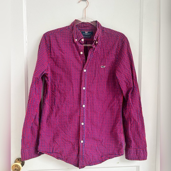 Vineyard Vines Shirt Red Blue Gingham Slim Fit Whale Button Seersucker $118 S - Picture 1 of 4